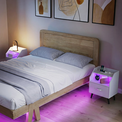 Set Of 2 Nightstands With LED Lights, Power Outlets, White
