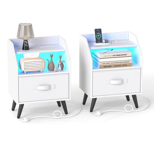 Set Of 2 Nightstands With LED Lights, Power Outlets, White