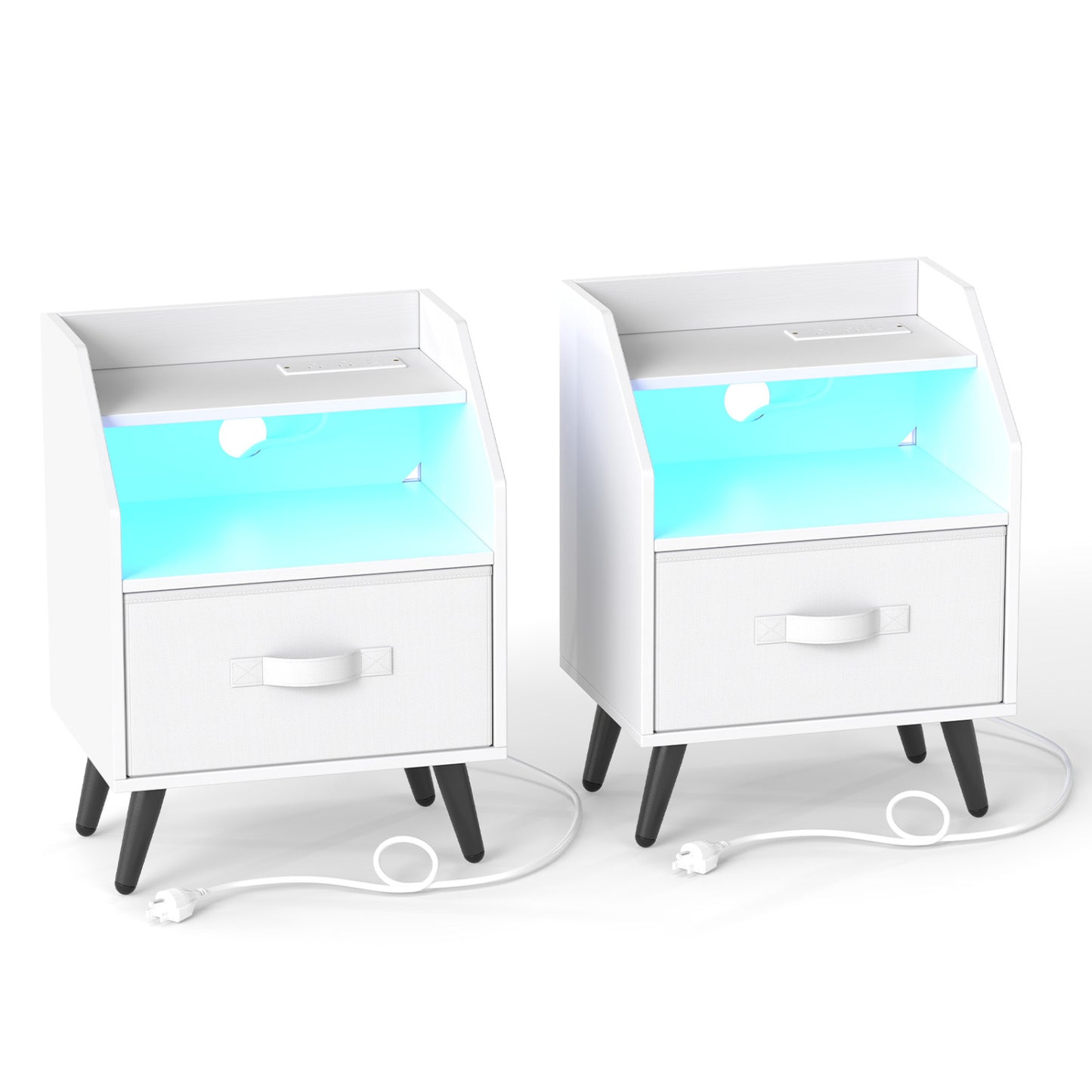 Set Of 2 Nightstands With LED Lights, Power Outlets, White