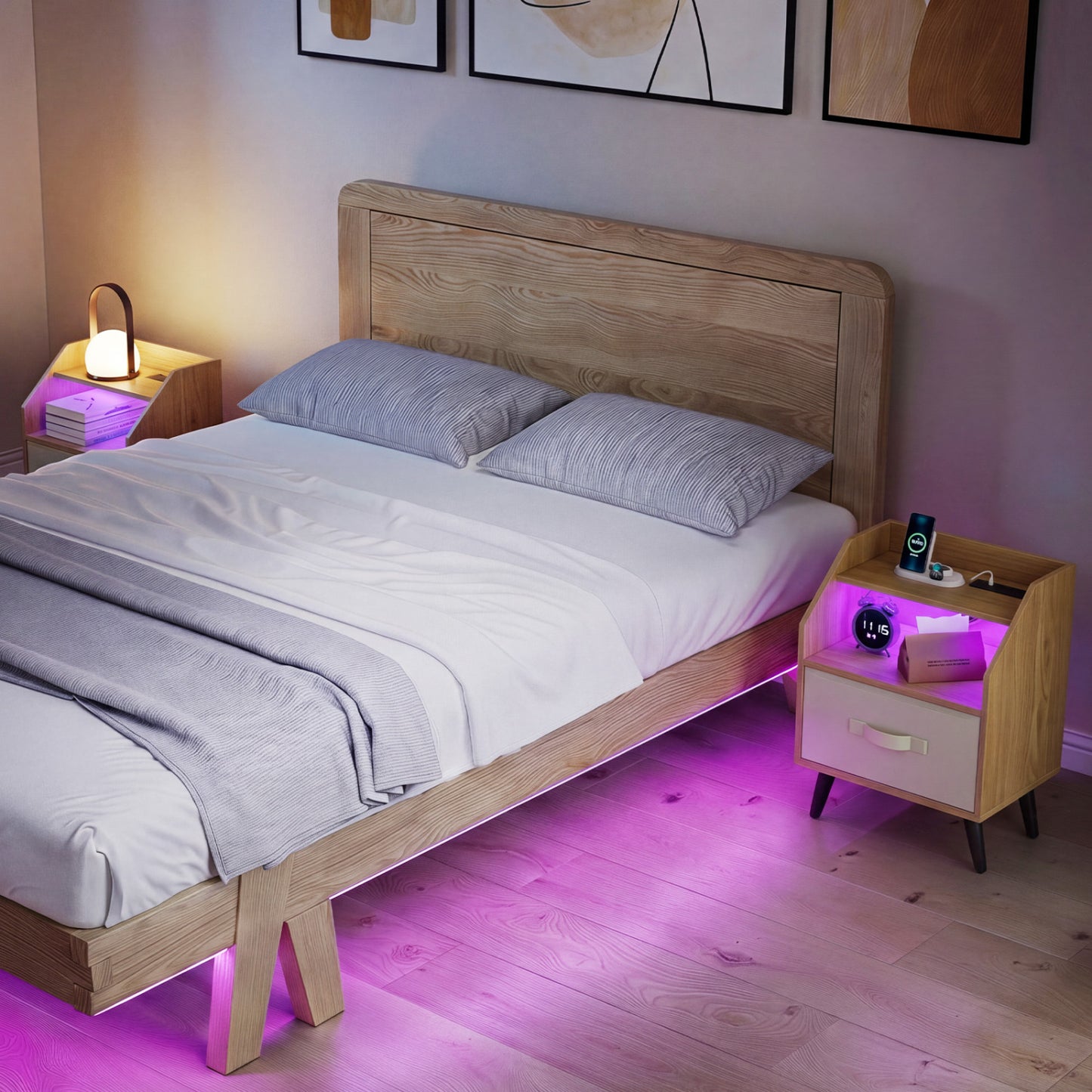 Ensemble de 2 tables de nuit avec lumières LED, prises de courant, naturelles