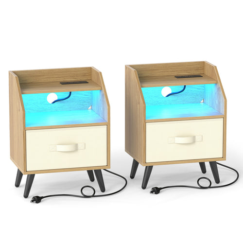 Set of 2 Nightstands with LED Lights, Power Outlets, Natural