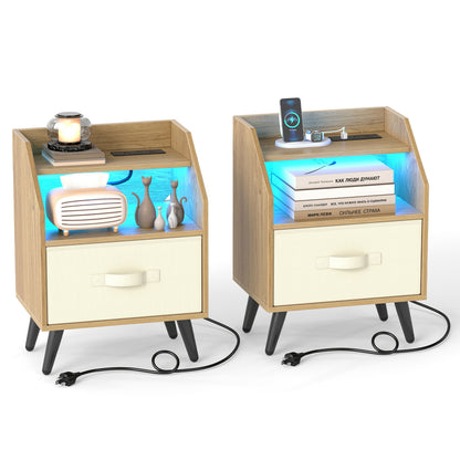 Ensemble de 2 tables de nuit avec lumières LED, prises de courant, naturelles