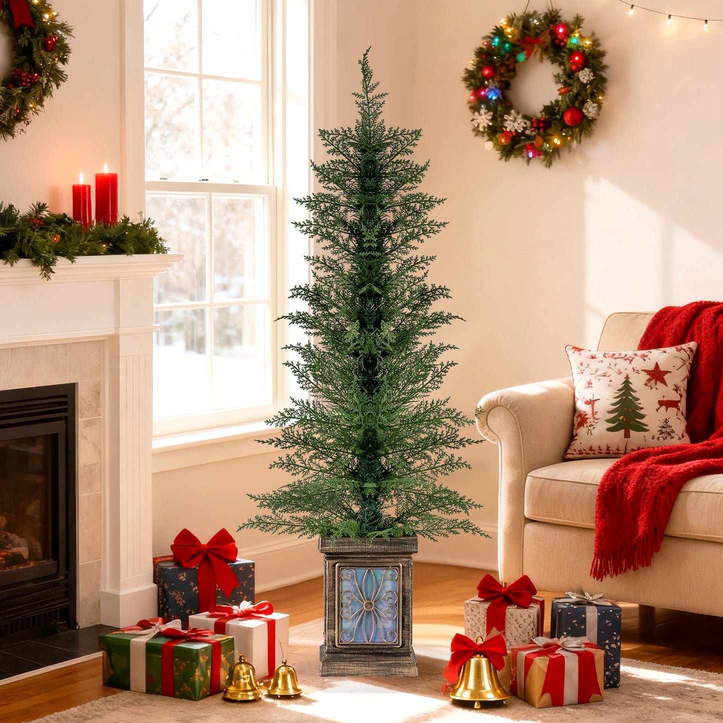 Set of 1/2 4 FT Artificial Christmas Tree Potted Xmas Tree with 100 Branch Tips and Retro Base-Set of 1