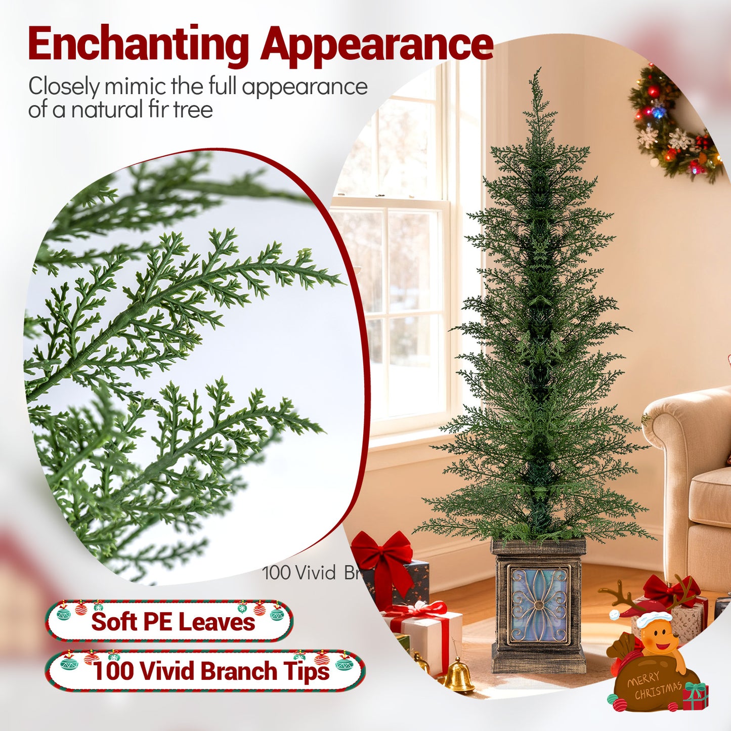 Set of 1/2 4 FT Artificial Christmas Tree Potted Xmas Tree with 100 Branch Tips and Retro Base-Set of 1