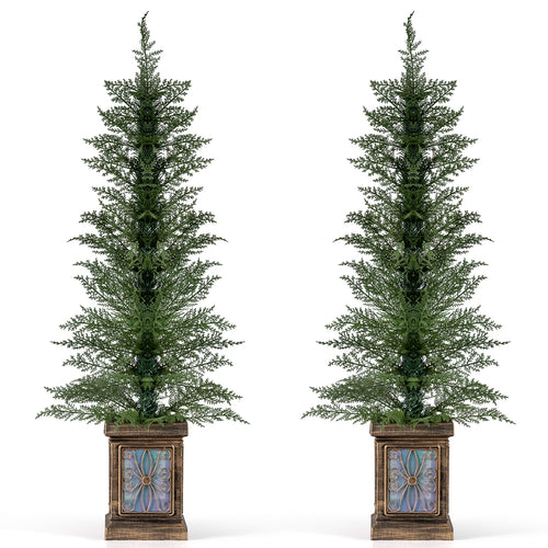 Set of 1/2 4 FT Artificial Christmas Tree Potted Xmas Tree with 100 Branch Tips and Retro Base-Set of 2