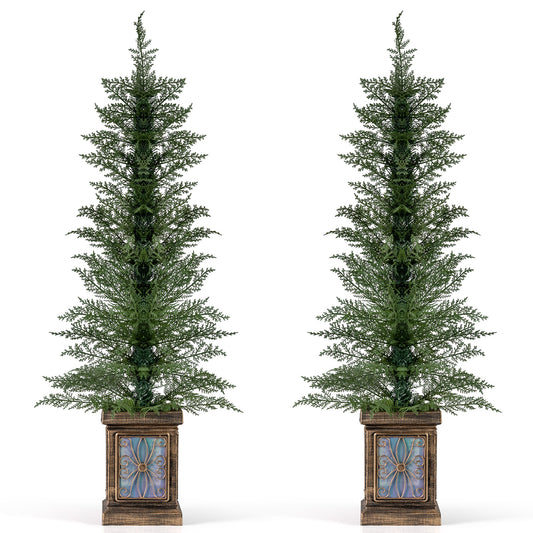 Set of 1/2 4 FT Artificial Christmas Tree Potted Xmas Tree with 100 Branch Tips and Retro Base-Set of 2 Christmas Tree Options at Gallery Canada