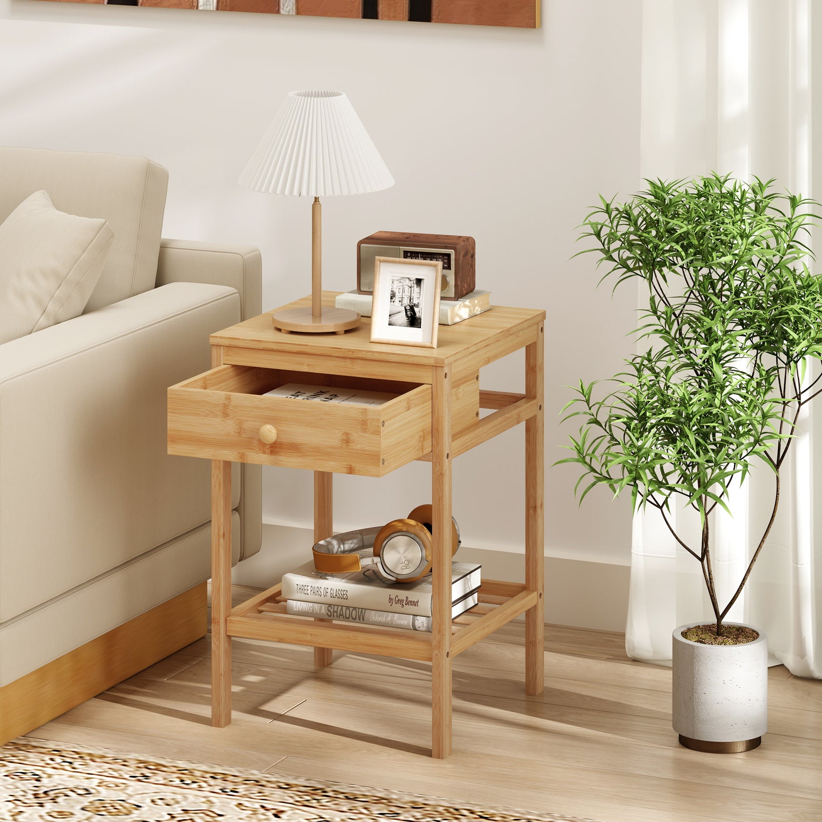 Set of 1/2 Bamboo Nightstand Bedside Table with Storage Drawer and Open Shelf-1 piece Nightstands at Gallery Canada