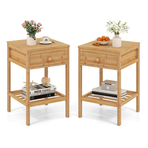 Set of 1/2 Bamboo Nightstand Bedside Table with Storage Drawer and Open Shelf-2 pieces