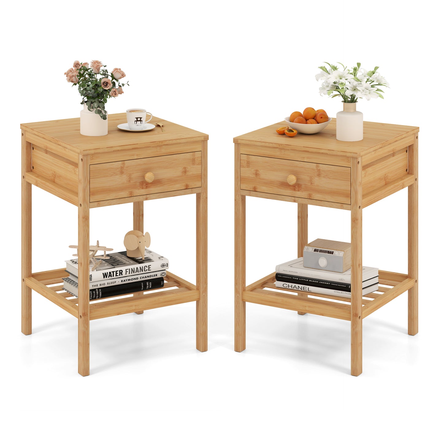 Bamboo Nightstand With Storage Drawer, Open Shelf, 2 Piece Set Nightstands Options at Gallery Canada
