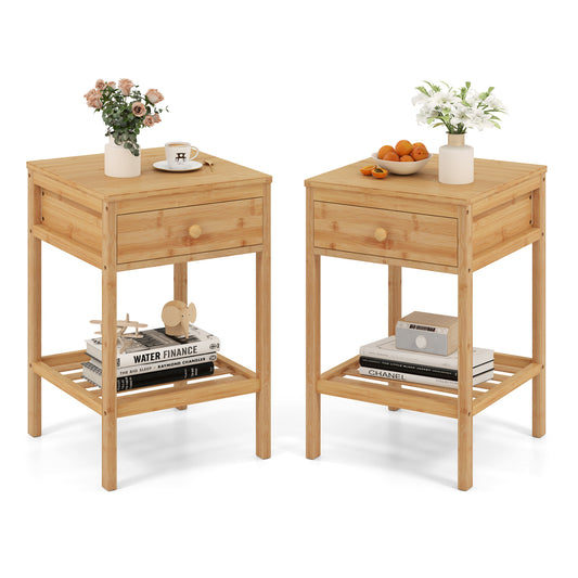 Bamboo Nightstand With Storage Drawer, Open Shelf, 2 Piece Set Nightstands Options at Gallery Canada