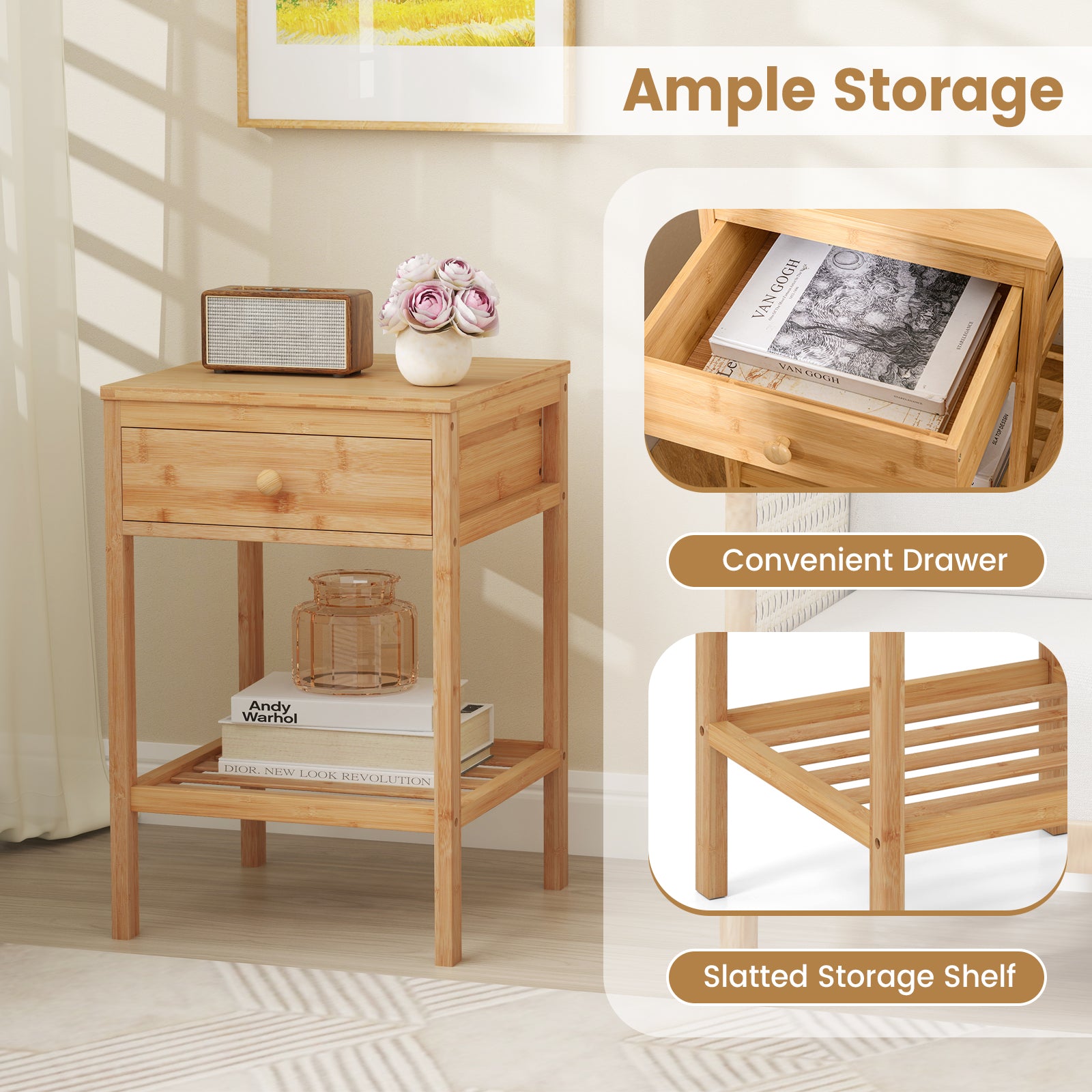 Bamboo Nightstand With Storage Drawer, Open Shelf, 2 Piece Set Nightstands at Gallery Canada
