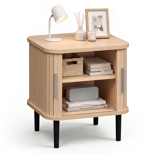 Fluted Nightstand, Sliding Doors, Adjustable Shelf, Natural Nightstands Natural at Gallery Canada