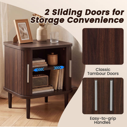 Fluted Nightstand, Sliding Doors, Adjustable Shelf, Walnut