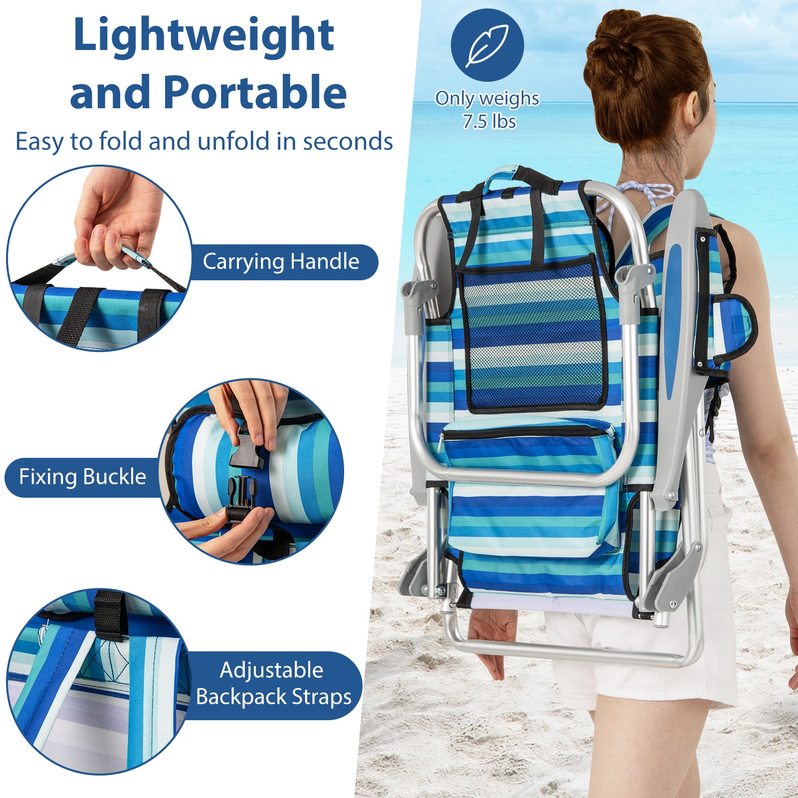 Set of 1 Folding Beach Chair for Adults with 4-Position Adjustable Backrest Beach & Lawn Chairs at Gallery Canada