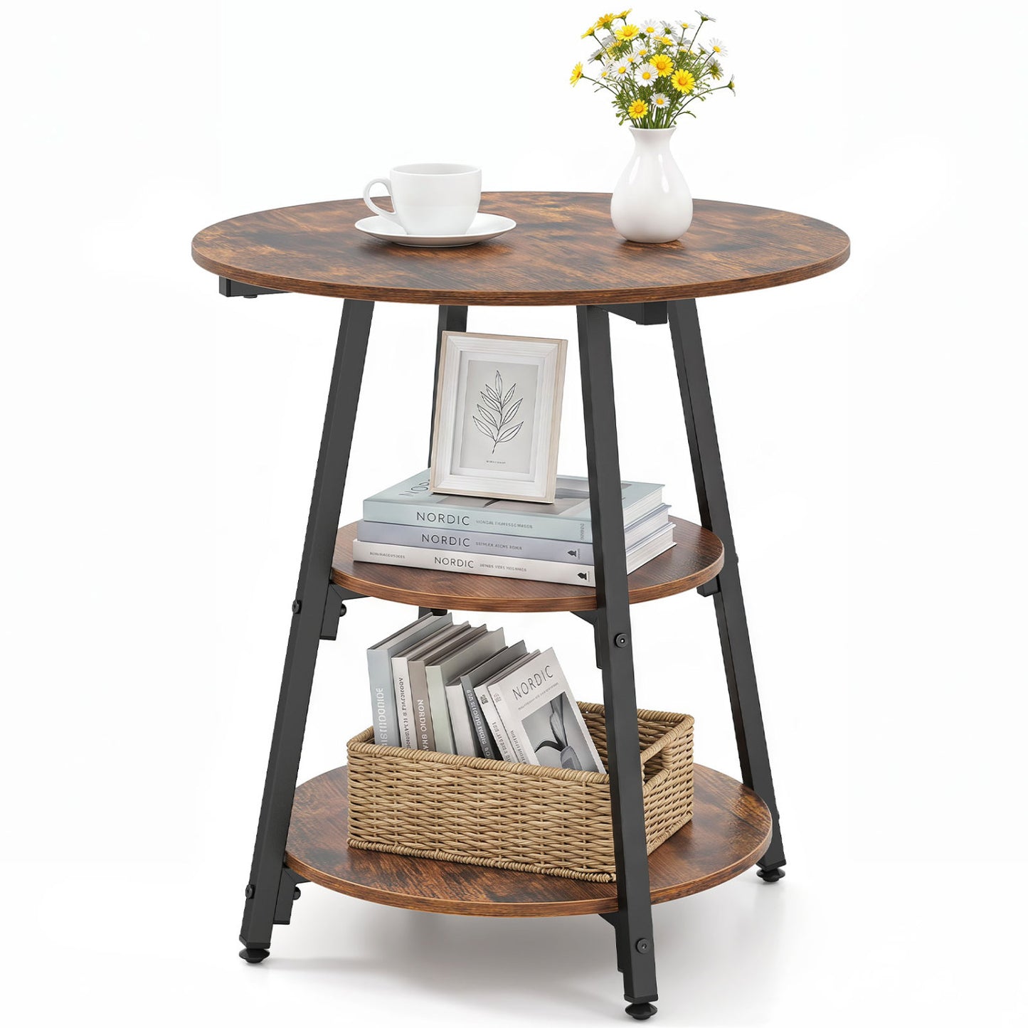 Tables d'appoint industrielles, étagères à 3 niveaux, brun rustique