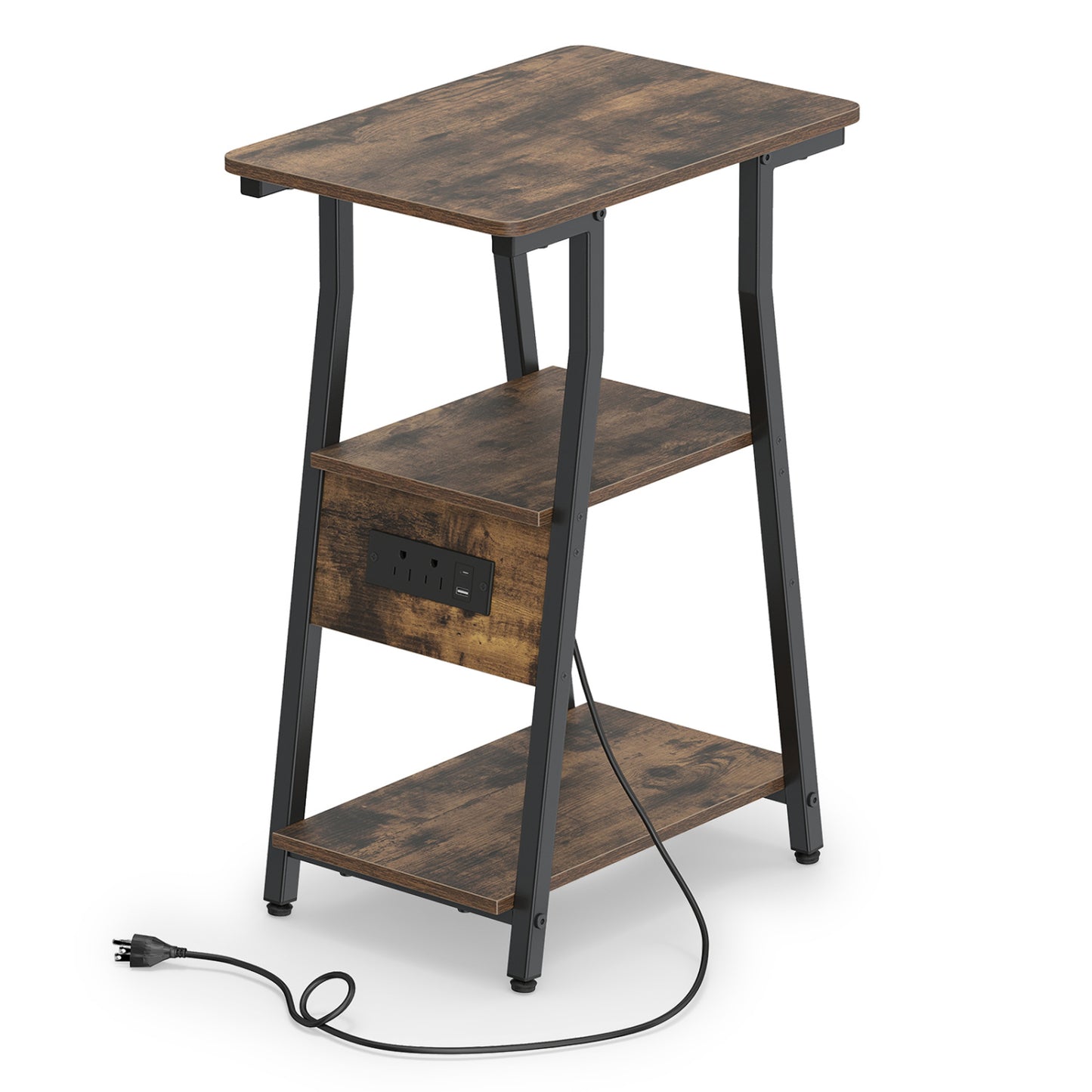 Table d'appoint industrielle avec station de charge, étagères à 3 niveaux, brun rustique
