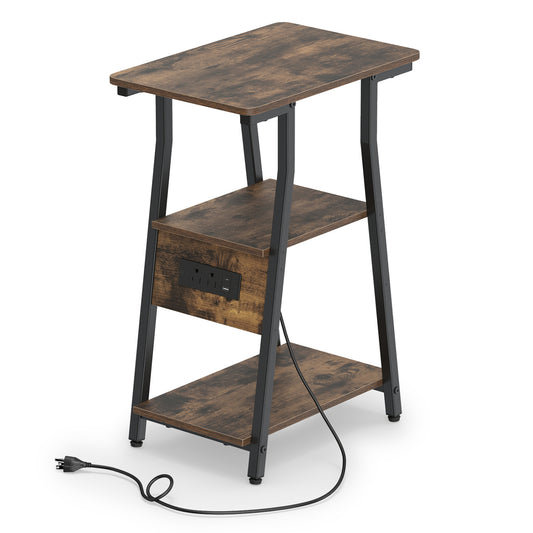 Industrial Side Table with Charging Station, 3-Tier Shelves, Rustic Brown End & Side Tables Rustic Brown at Gallery Canada