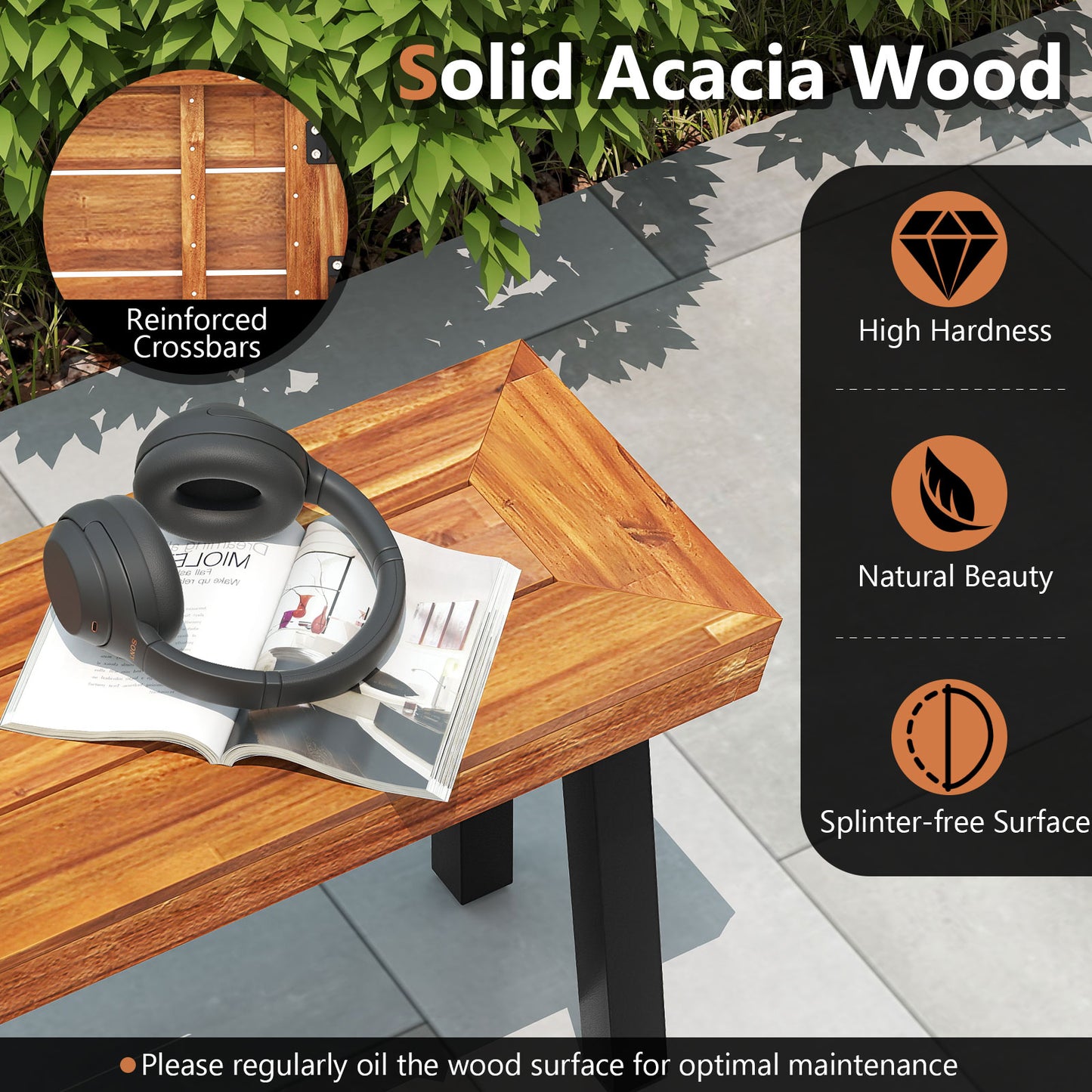 Set of 1 Outdoor Acacia Wood Benches 2-3 People Backless Garden Front Benches with Metal Frame-1 Piece Outdoor Benches at Gallery Canada