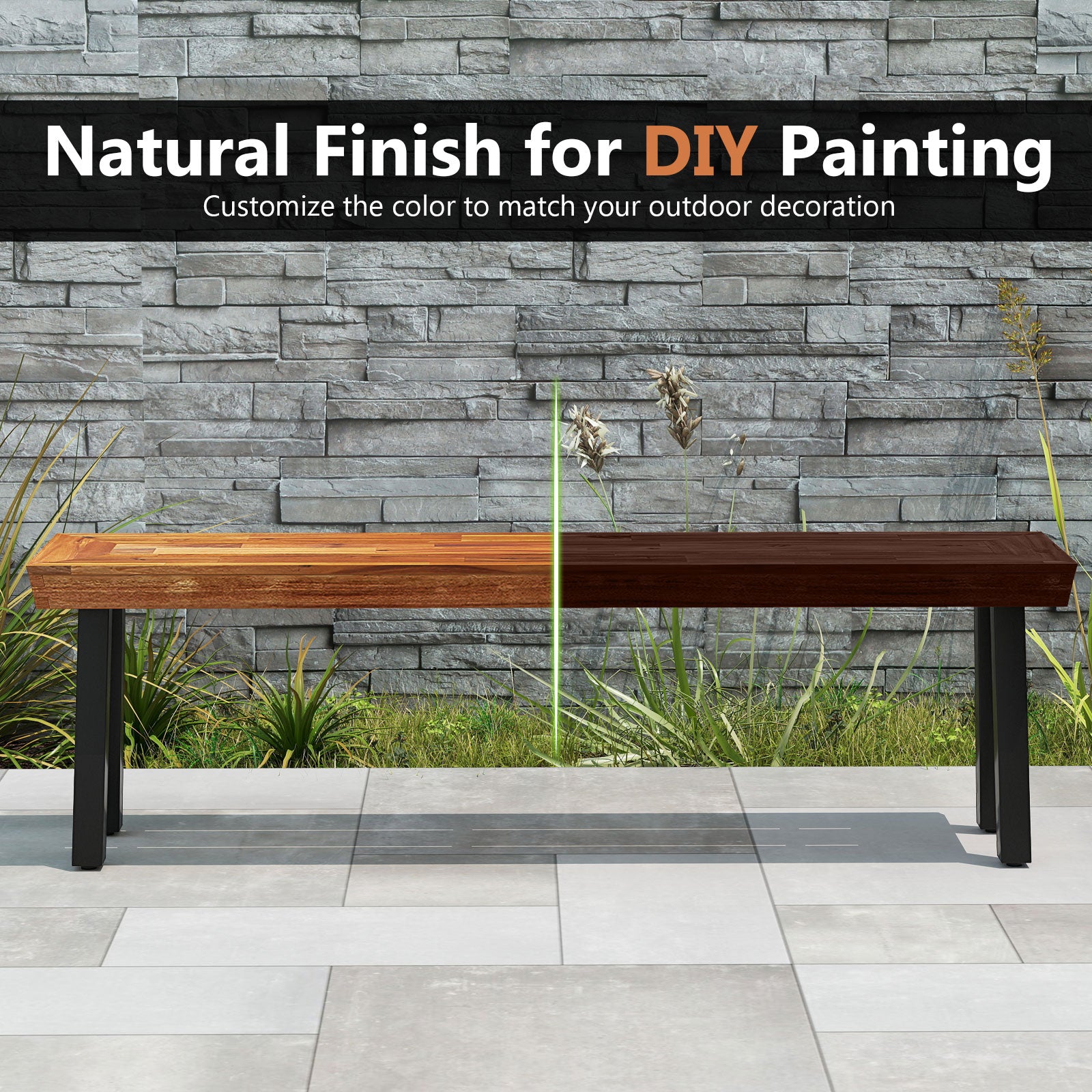 Set of 1 Outdoor Acacia Wood Benches 2-3 People Backless Garden Front Benches with Metal Frame-1 Piece Outdoor Benches at Gallery Canada