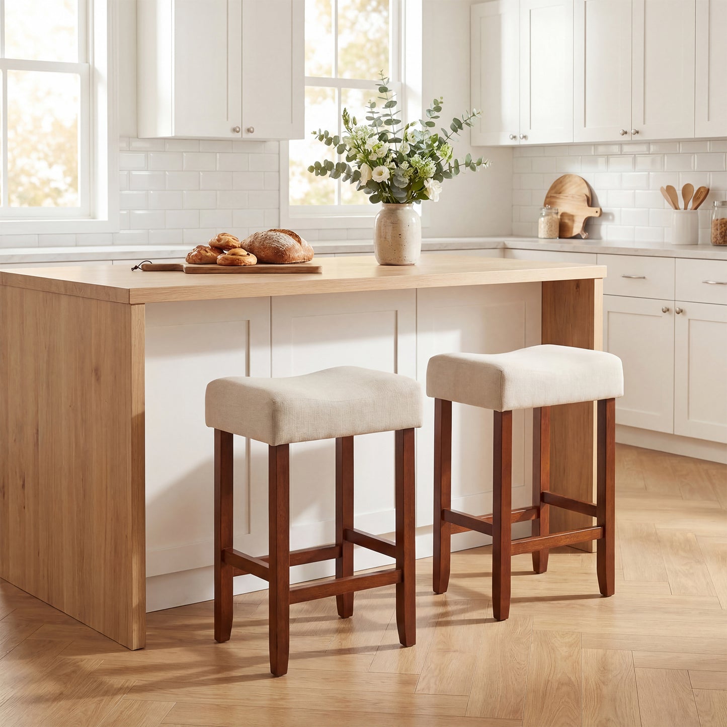 Set Of 2, 24 Inch Bar Stool, Curved Seat Cushions, Off White Bar Stools at Gallery Canada