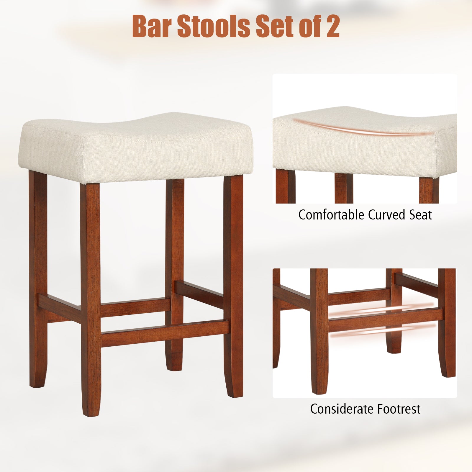 Set Of 2, 24 Inch Bar Stool, Curved Seat Cushions, Off White Bar Stools at Gallery Canada