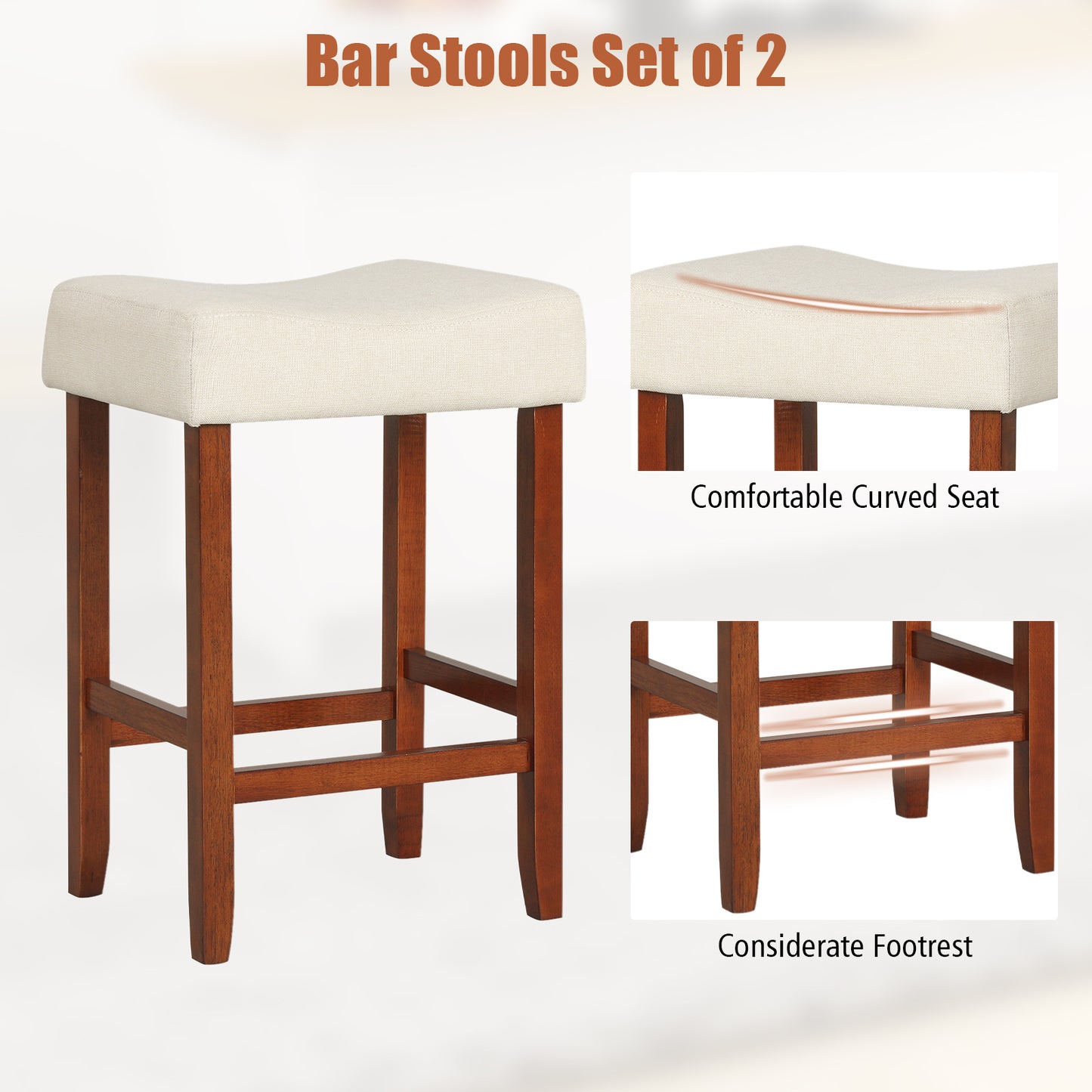Set Of 2, 24 Inch Bar Stool, Curved Seat Cushions, Off White Bar Stools at Gallery Canada