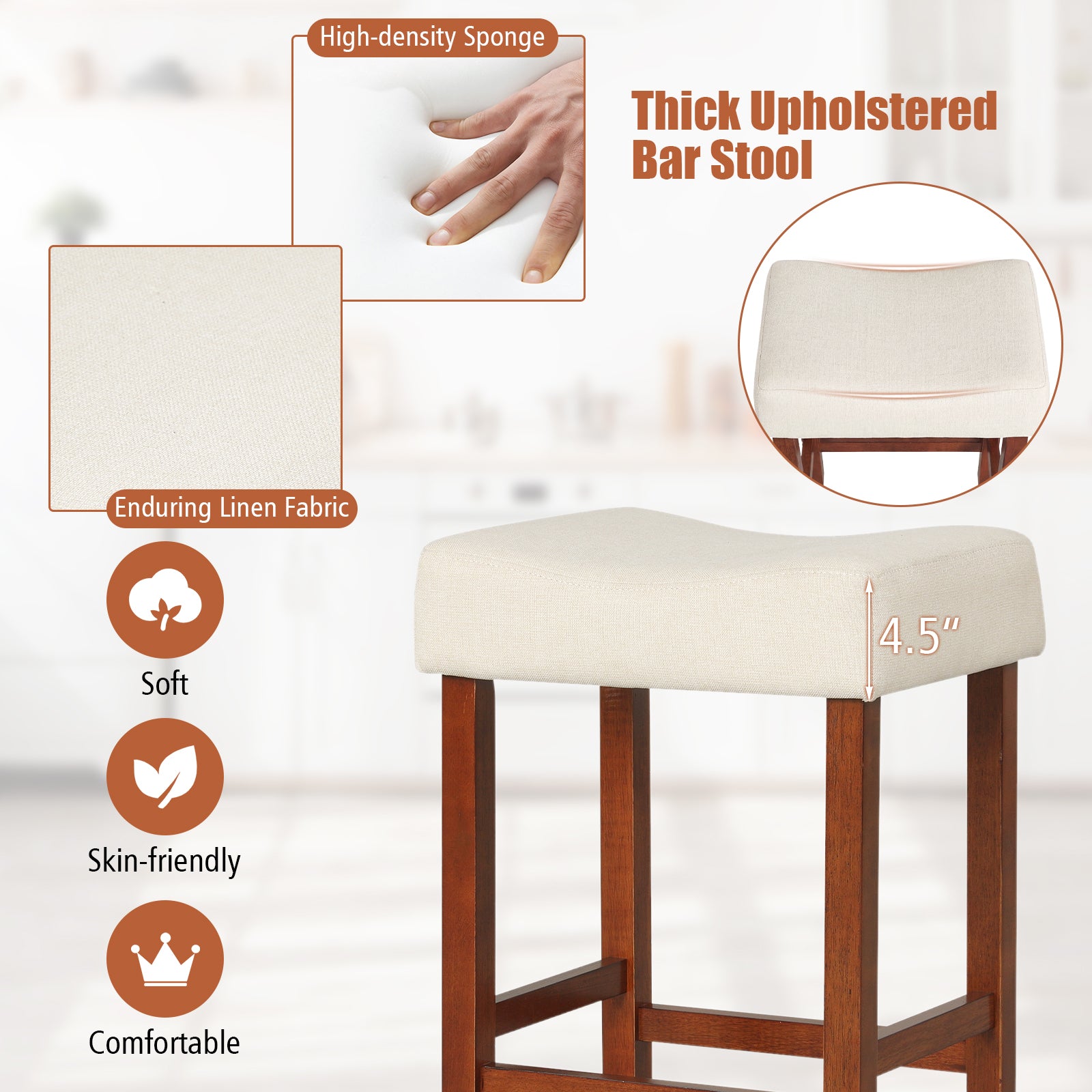 Set Of 2, 24 Inch Bar Stool, Curved Seat Cushions, Off White Bar Stools at Gallery Canada