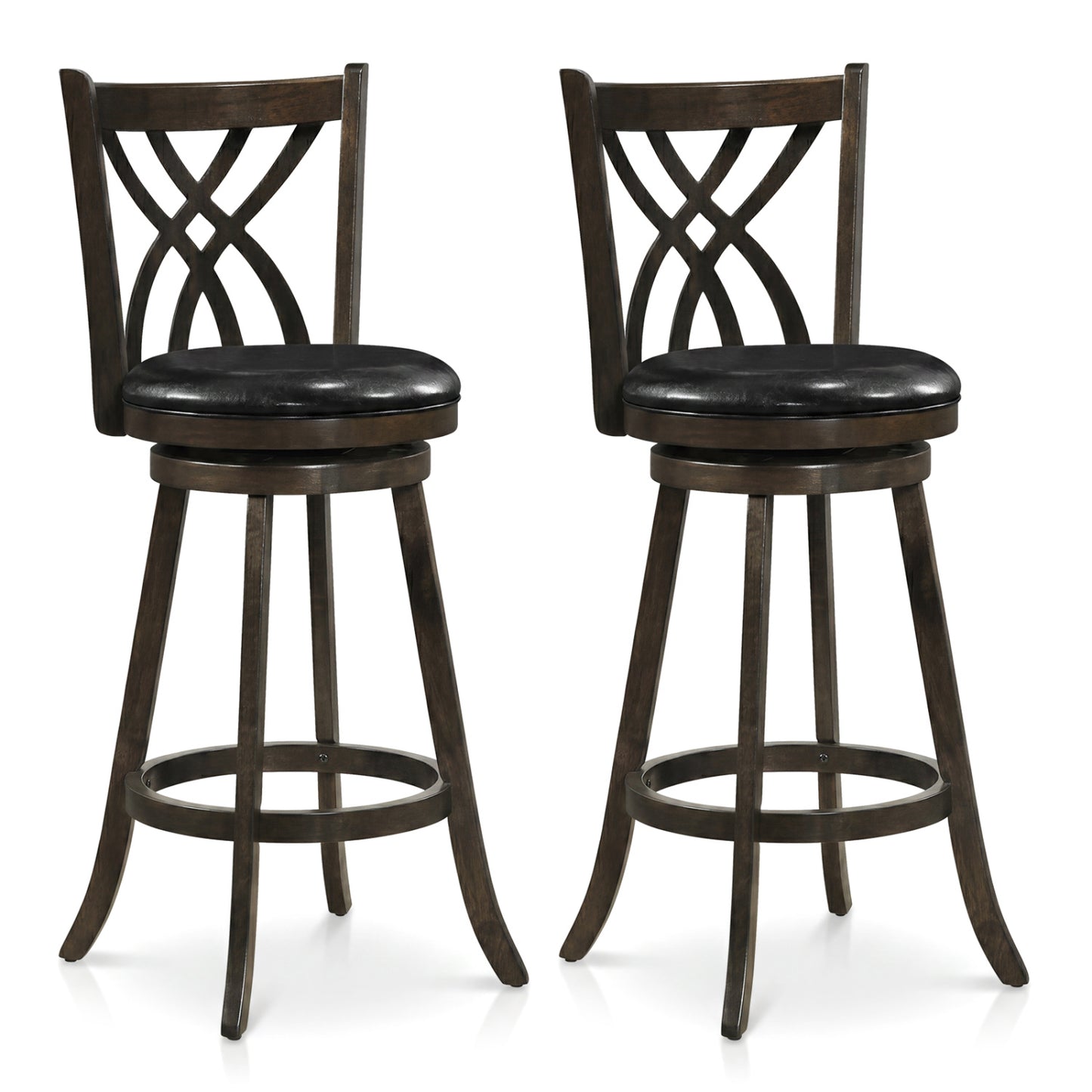 Set of 2 29" Counter Height Bar Stools with Rubber Wood Frame and Hollowed Backrest, Gray