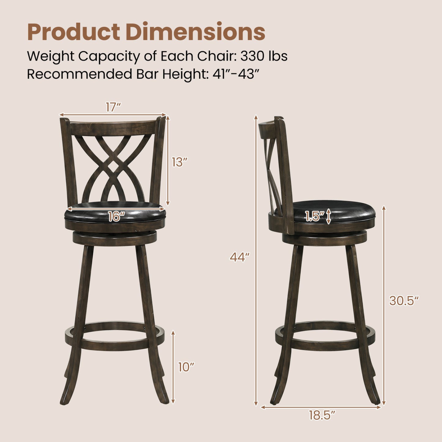 Set of 2 29" Counter Height Bar Stools with Rubber Wood Frame and Hollowed Backrest, Gray