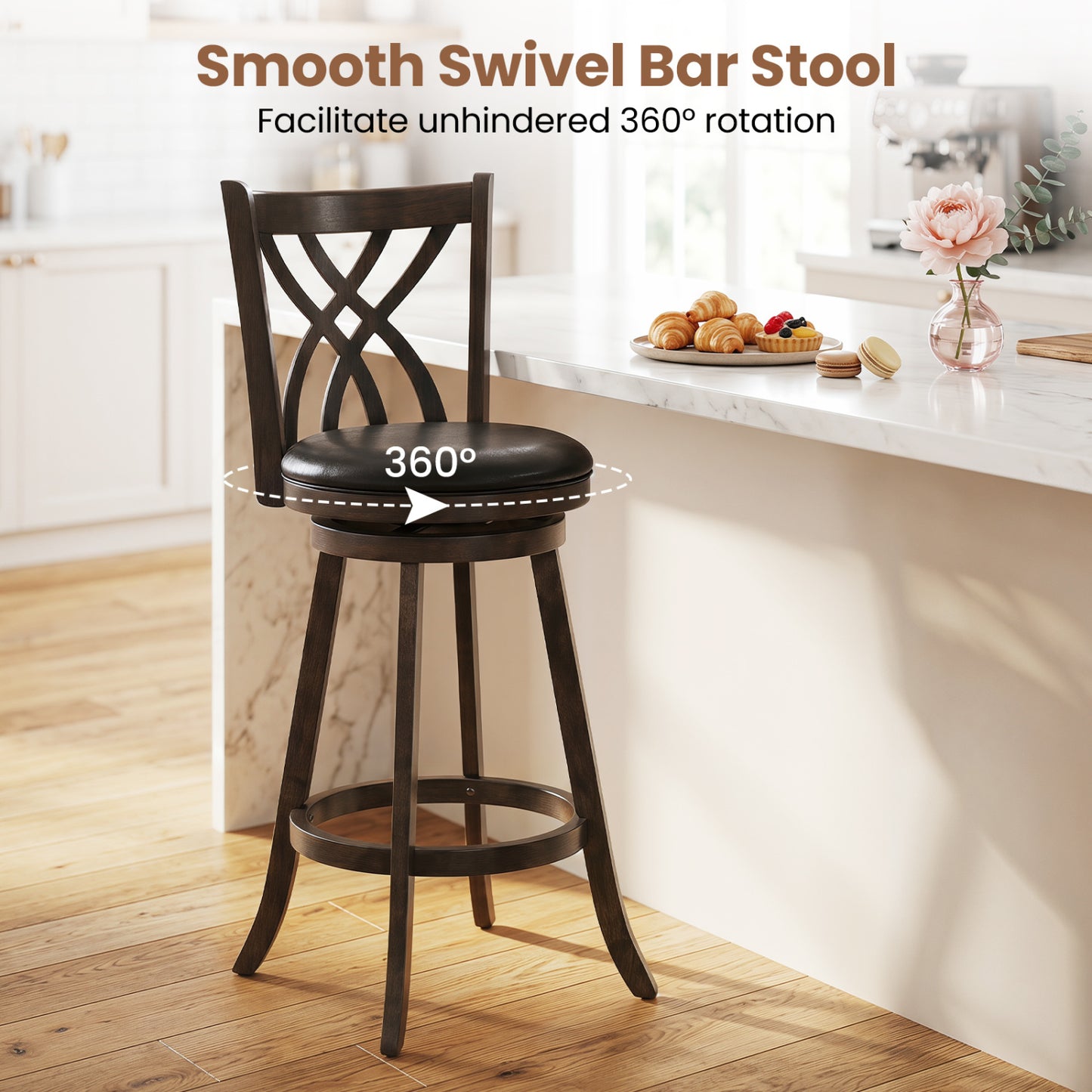 Set of 2 29" Counter Height Bar Stools with Rubber Wood Frame and Hollowed Backrest, Gray