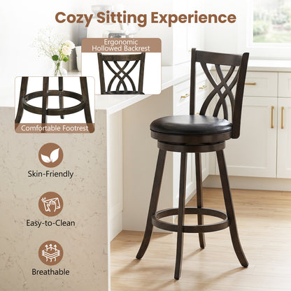 Set of 2 29" Counter Height Bar Stools with Rubber Wood Frame and Hollowed Backrest, Gray