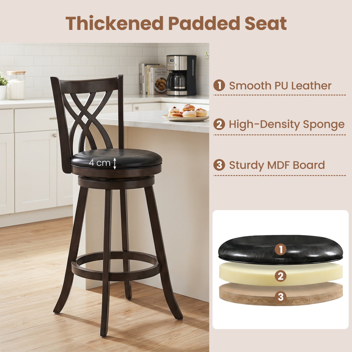 Set of 2 29" Counter Height Bar Stools with Rubber Wood Frame and Hollowed Backrest, Gray