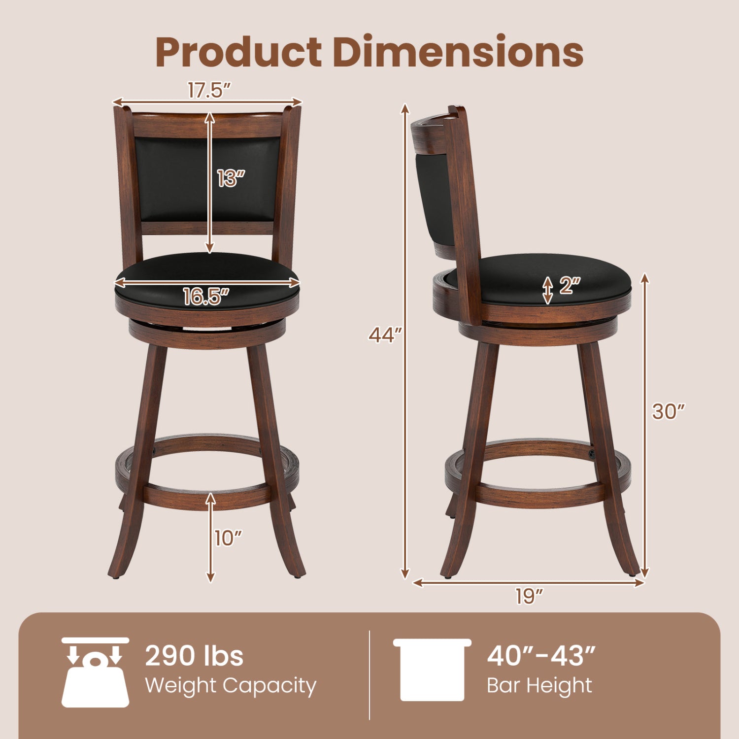 Set Of 2 29 Inch Swivel Bar Stool, Wood Dining Chair, Brown Bar Stools at Gallery Canada