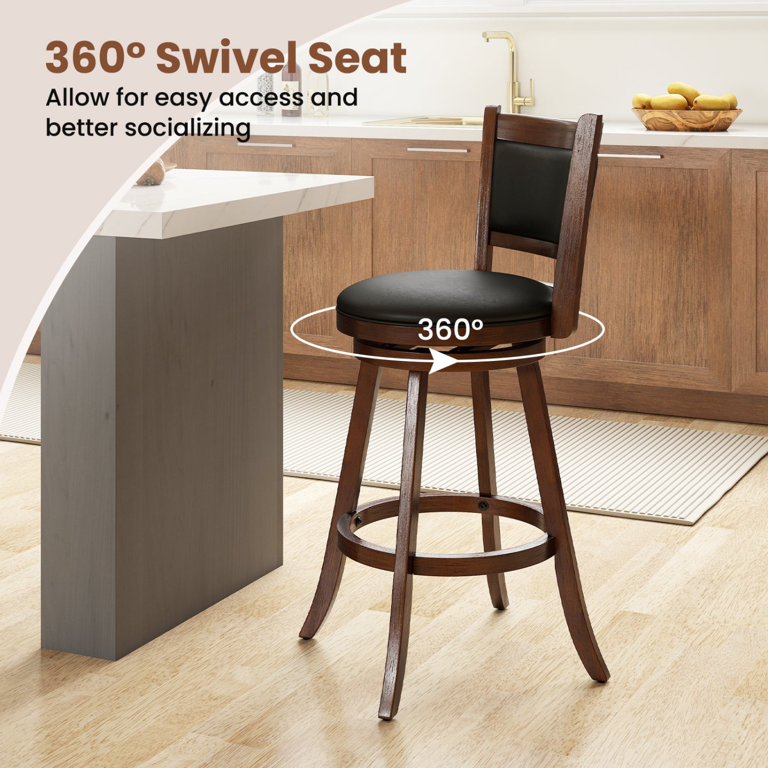 Set Of 2 29 Inch Swivel Bar Stool, Wood Dining Chair, Brown Bar Stools at Gallery Canada