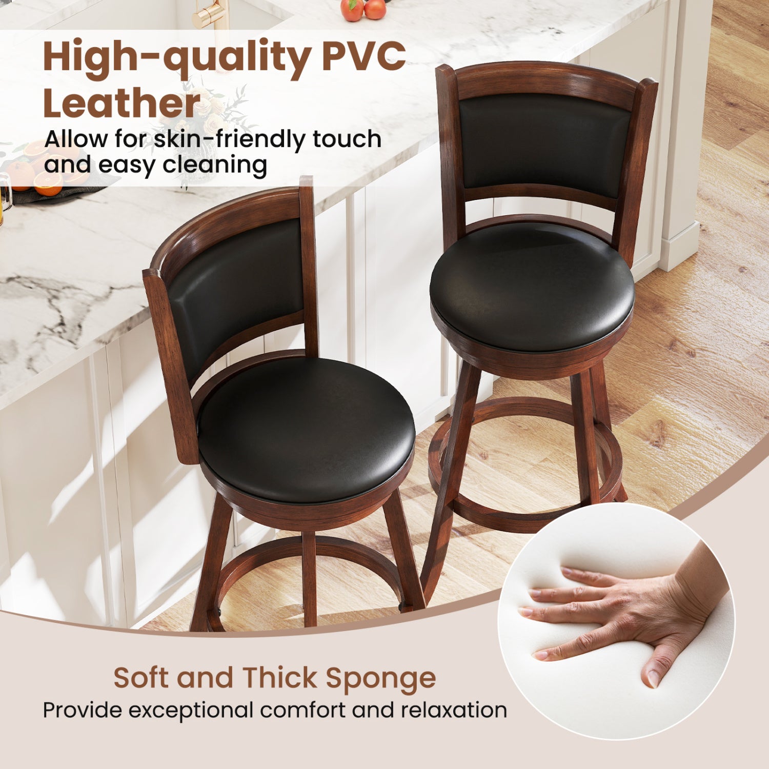 Set Of 2 29 Inch Swivel Bar Stool, Wood Dining Chair, Brown Bar Stools at Gallery Canada