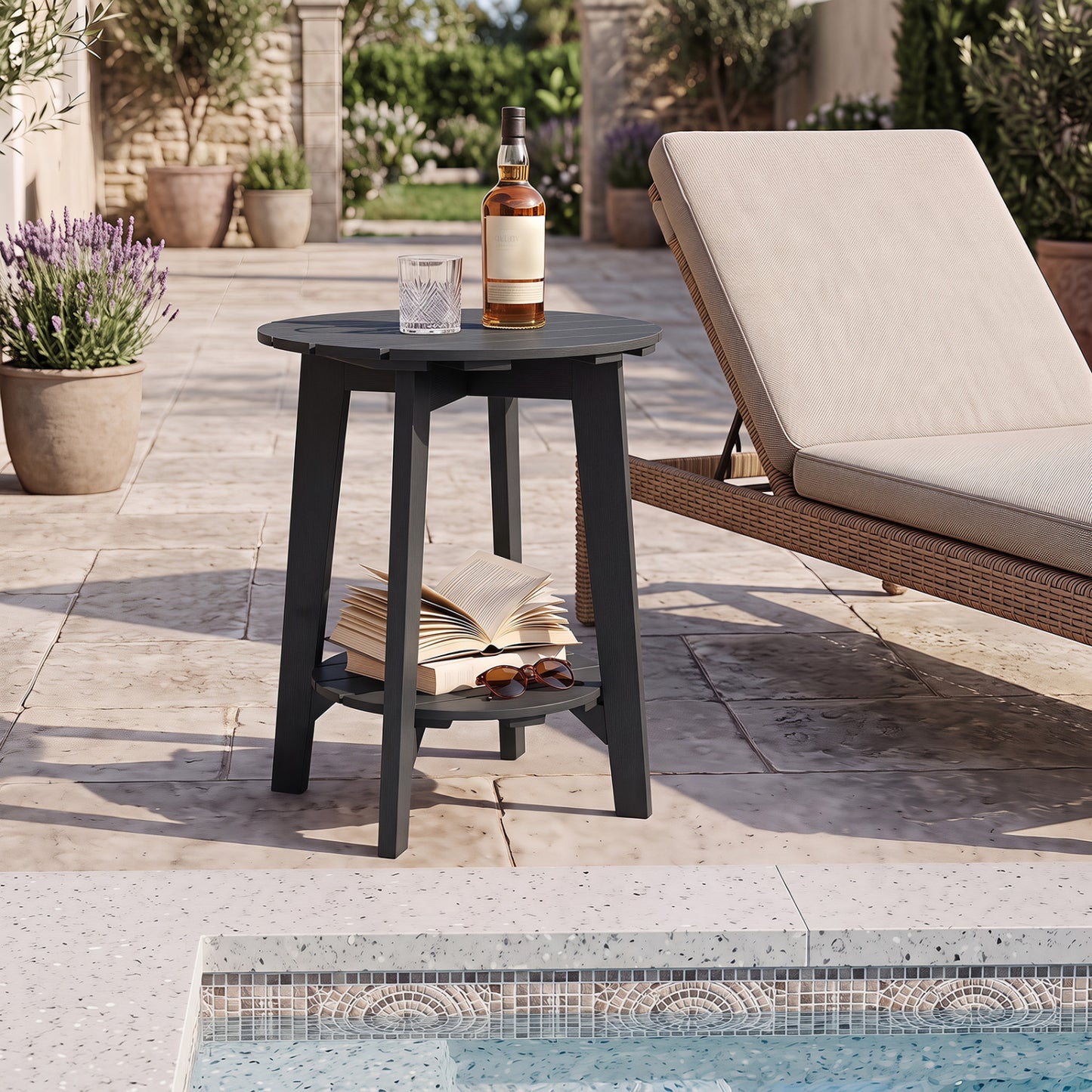 Table d'appoint en bois d'eucalyptus à 2 niveaux, étagère de rangement pour extérieur, noire