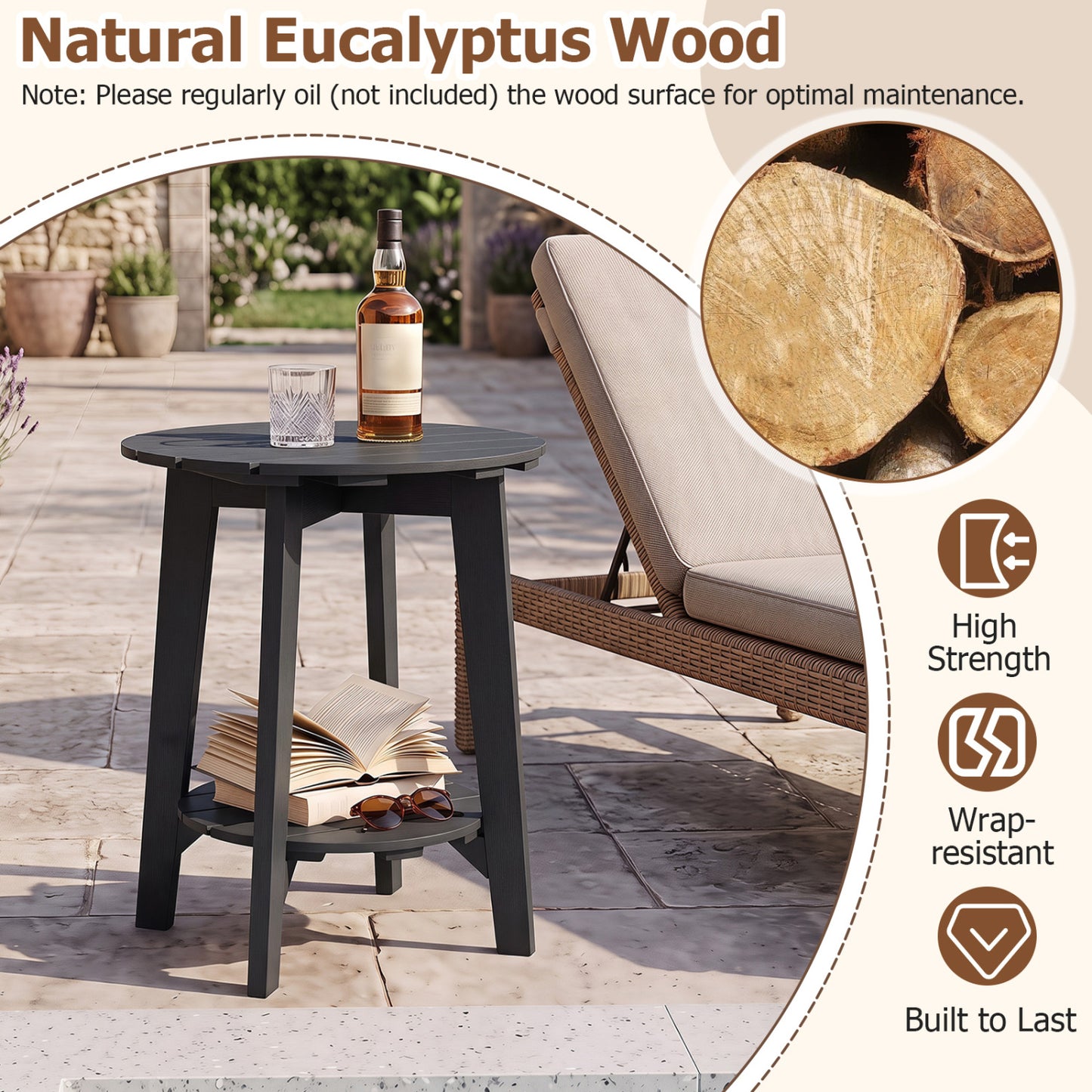 Table d'appoint en bois d'eucalyptus à 2 niveaux, étagère de rangement pour extérieur, noire