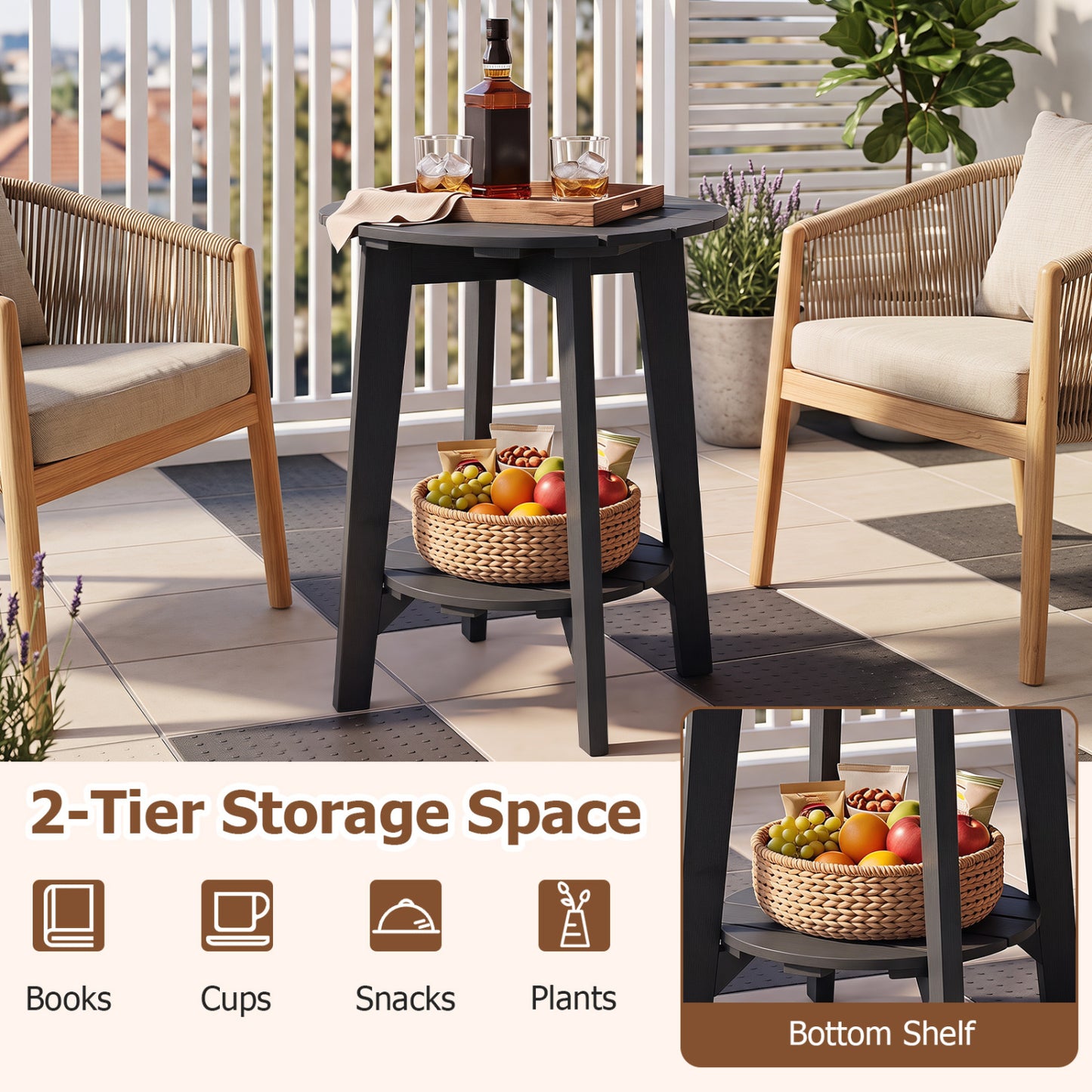 Table d'appoint en bois d'eucalyptus à 2 niveaux, étagère de rangement pour extérieur, noire