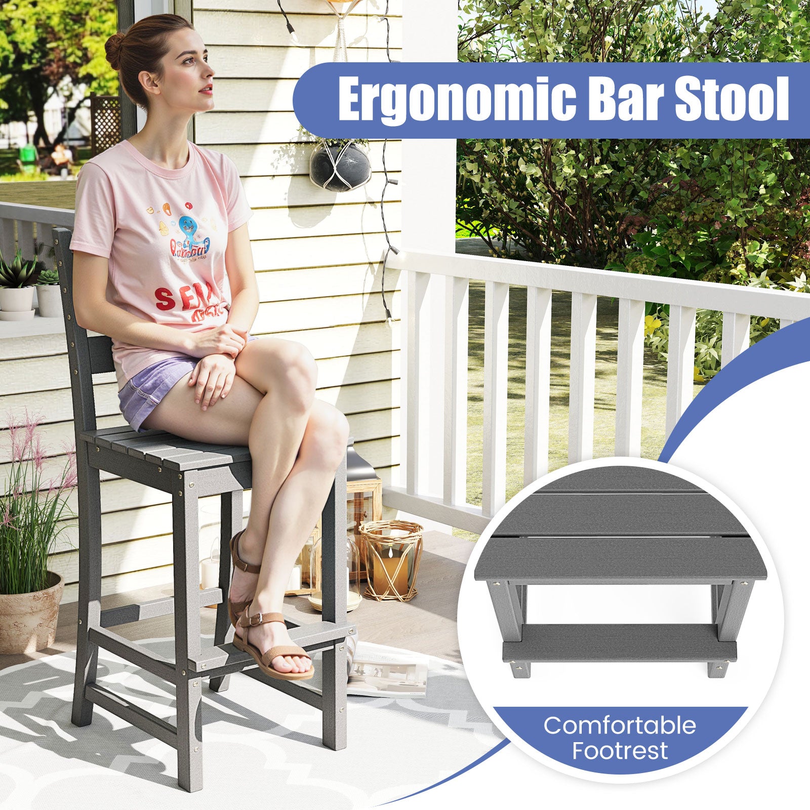 Set of 2 30 Inches HDPE Outdoor Counter Height Bar Stools with Backs, Gray Patio Bar Furniture at Gallery Canada
