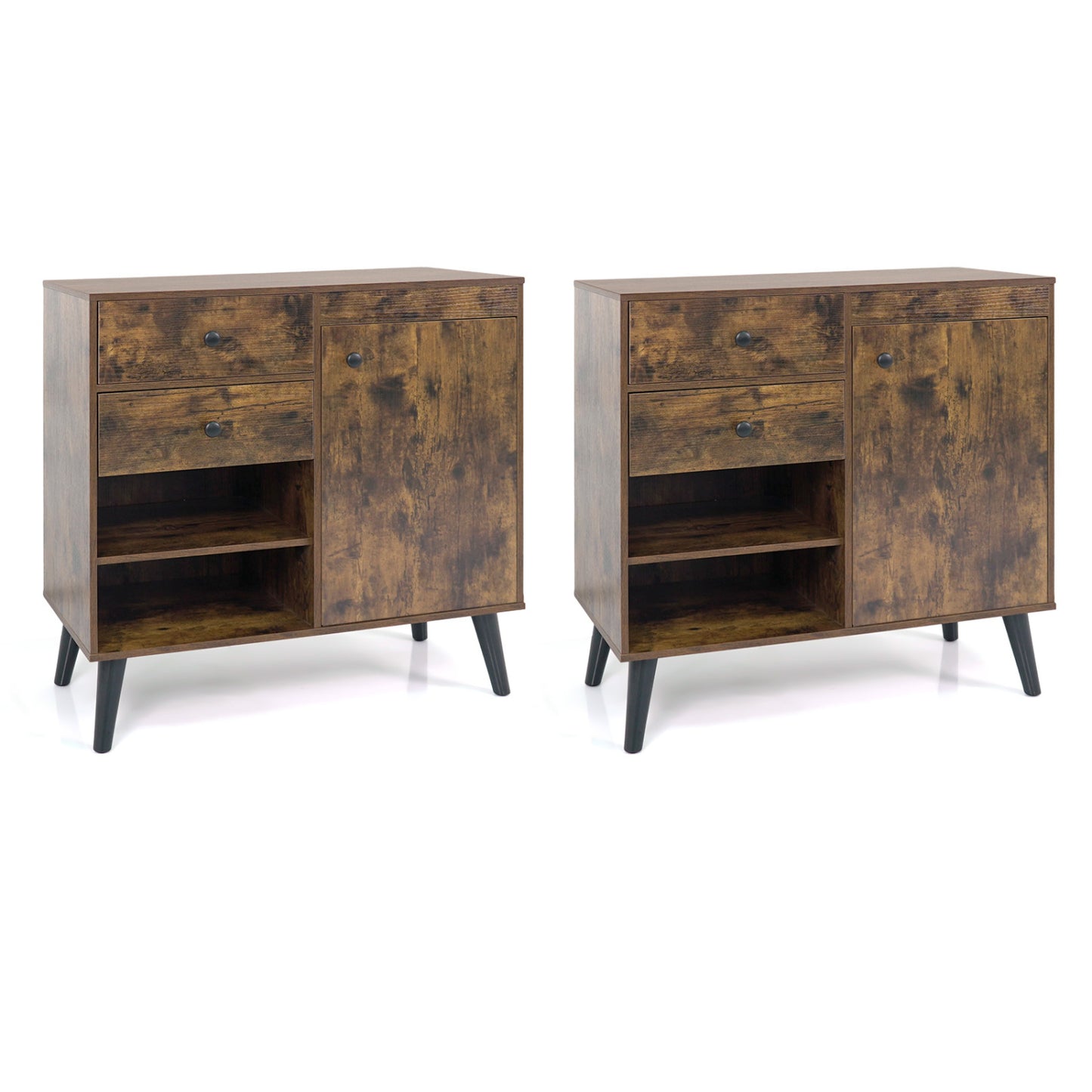 Set of 2 31" Buffet Cabinet with 2 Drawers and Open Compartments for Kitchen, Rustic Brown