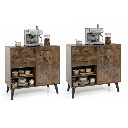 Set of 2 31" Buffet Cabinet with 2 Drawers and Open Compartments for Kitchen, Rustic Brown