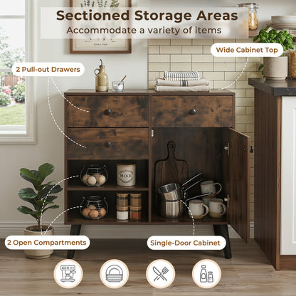 Set of 2 31" Buffet Cabinet with 2 Drawers and Open Compartments for Kitchen, Rustic Brown