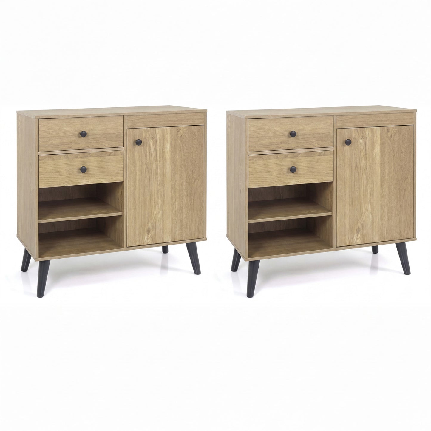 Set of 2 31" Buffet Cabinet with 2 Drawers and Open Compartments for Kitchen, Natural