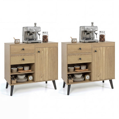 Set of 2 31" Buffet Cabinet with 2 Drawers and Open Compartments for Kitchen, Natural