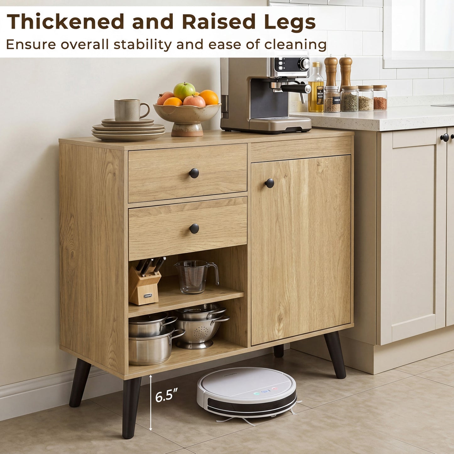 Set of 2 31" Buffet Cabinet with 2 Drawers and Open Compartments for Kitchen, Natural