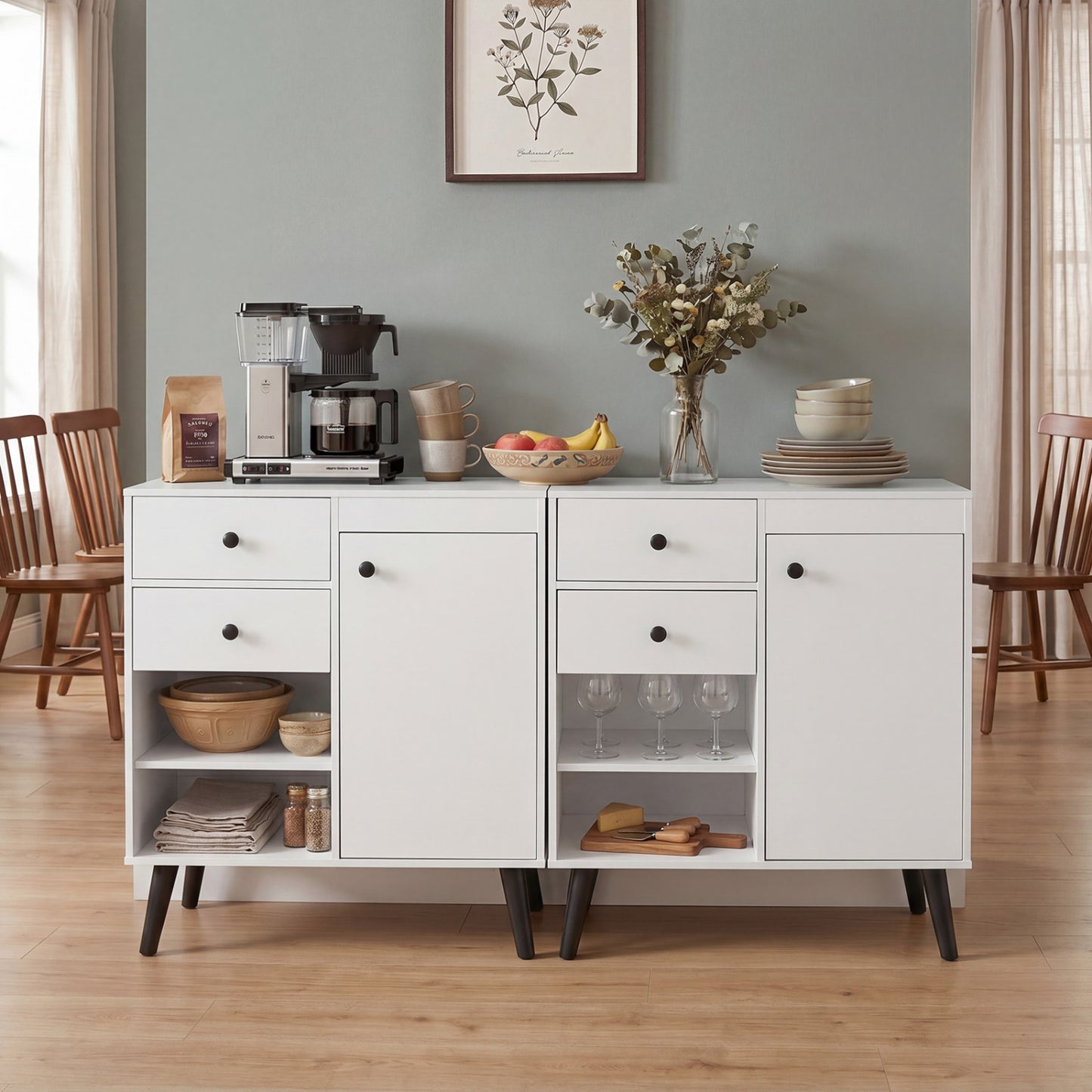 Set of 2 31" Buffet Cabinet with 2 Drawers and Open Compartments for Kitchen, White