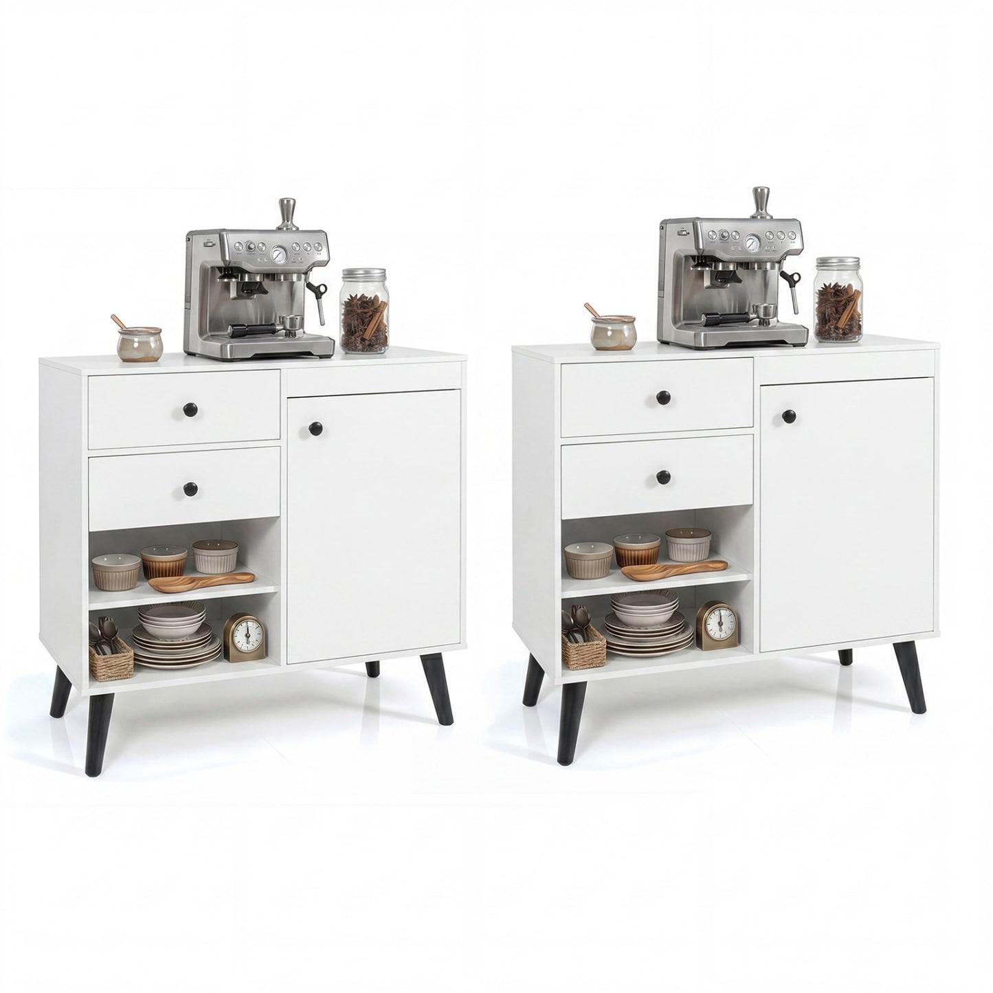 Set of 2 31" Buffet Cabinet with 2 Drawers and Open Compartments for Kitchen, White