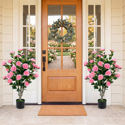 Set of 2 39.5" Artificial Camellia Tree, Orange Blossoms, Cement Pot, Pink
