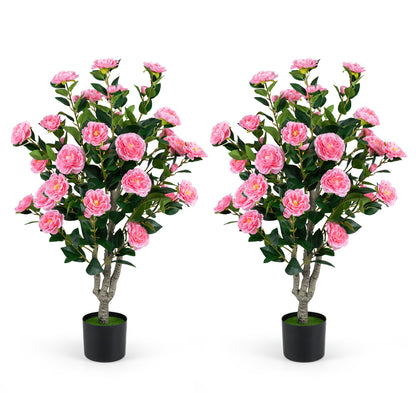 Set of 2 39.5" Artificial Camellia Tree, Orange Blossoms, Cement Pot, Pink