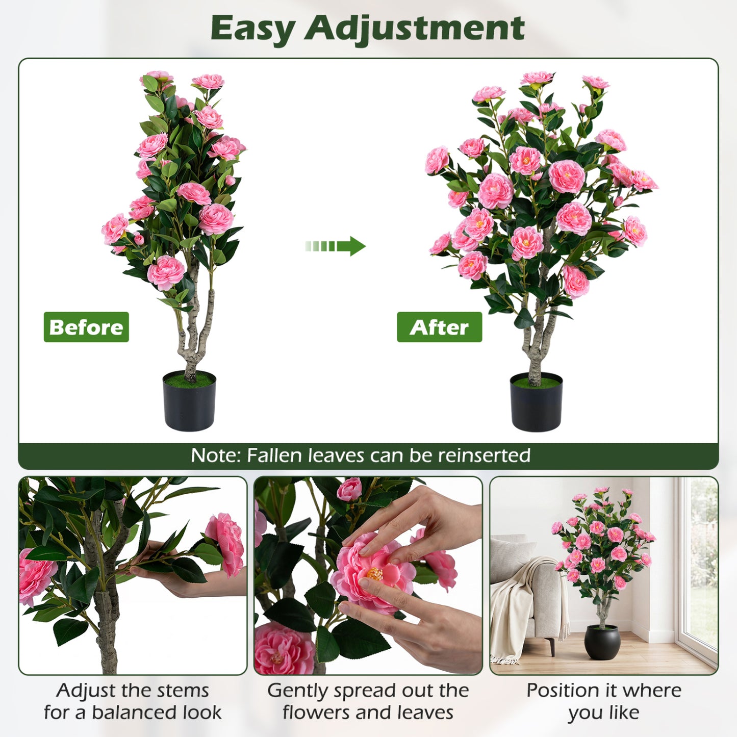 Set of 2 39.5" Artificial Camellia Tree, Orange Blossoms, Cement Pot, Pink